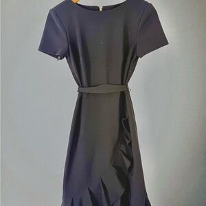 Calvin Klein Black Short Sleeve Belted Ruffle Hem Dress Size 2
